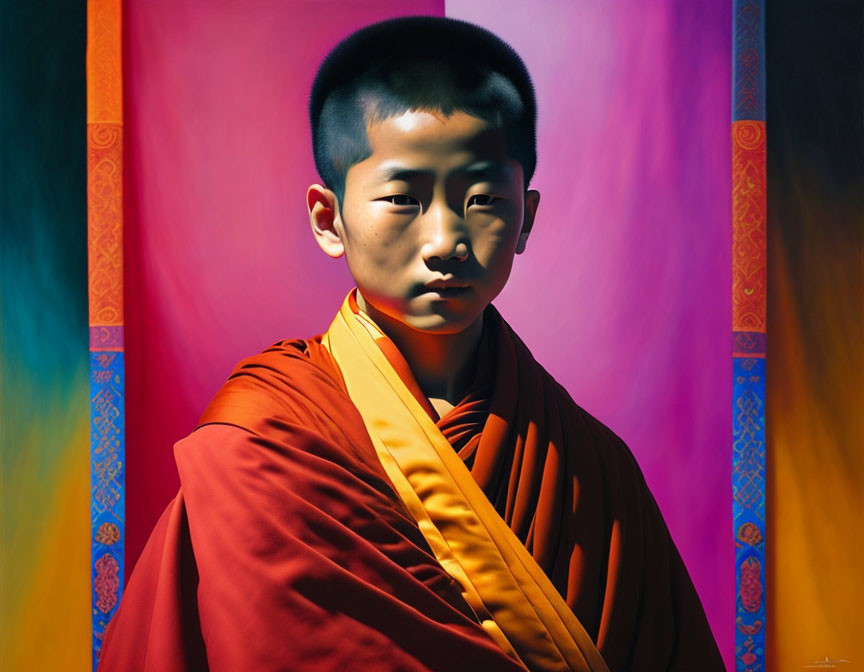 Young monk in vibrant orange and red robes against multicolored background