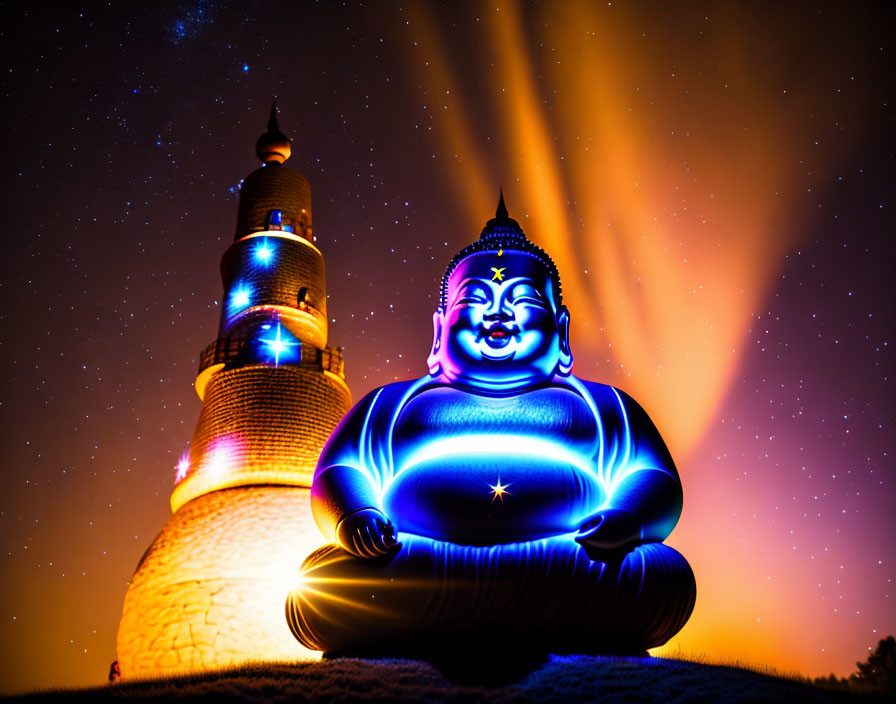 Illuminated Buddha statue at pagoda under vibrant night sky