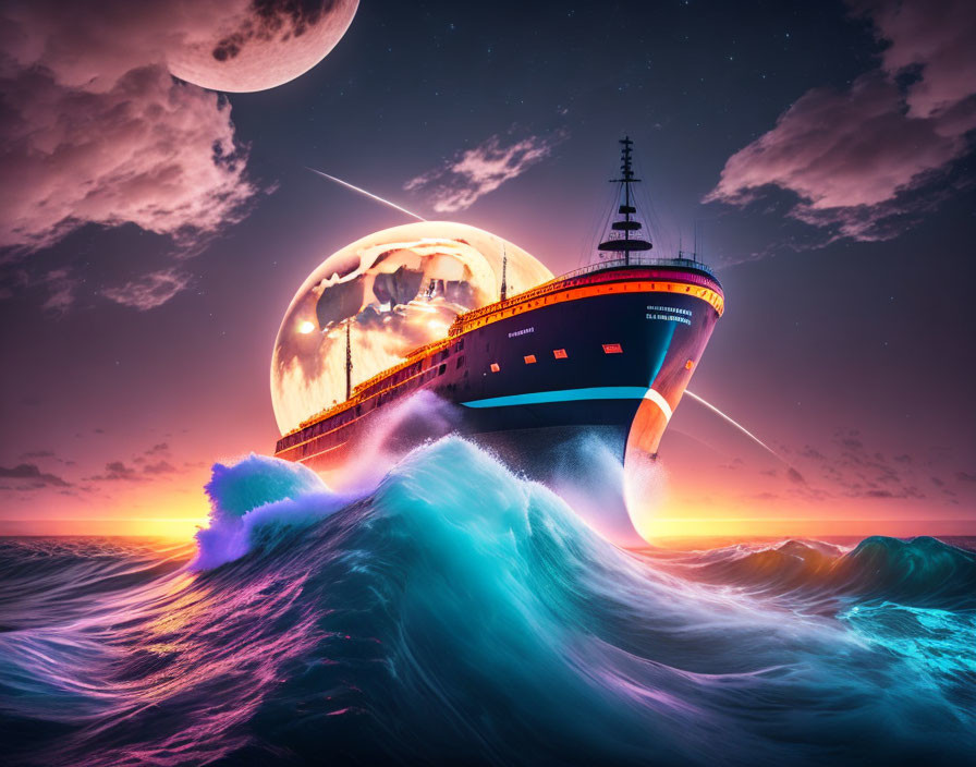 Surreal ship sailing on high waves under purple sky and moon with cityscape in bubble horizon