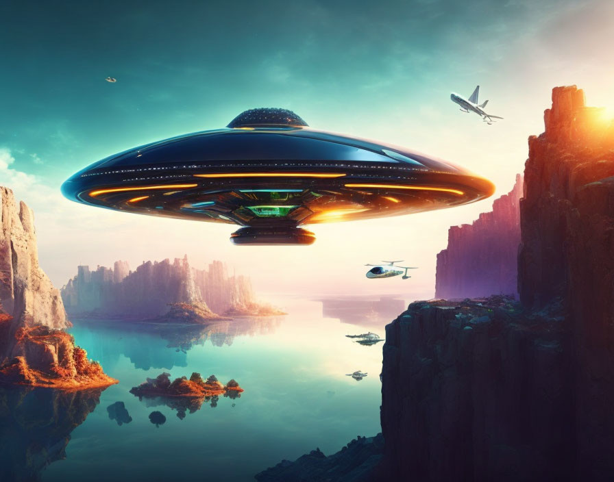 Large UFO hovers above serene landscape with cliffs, water, aircrafts, and moon.