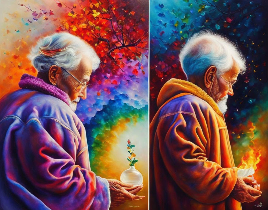 Elderly couple painting with plants against seasonal backgrounds