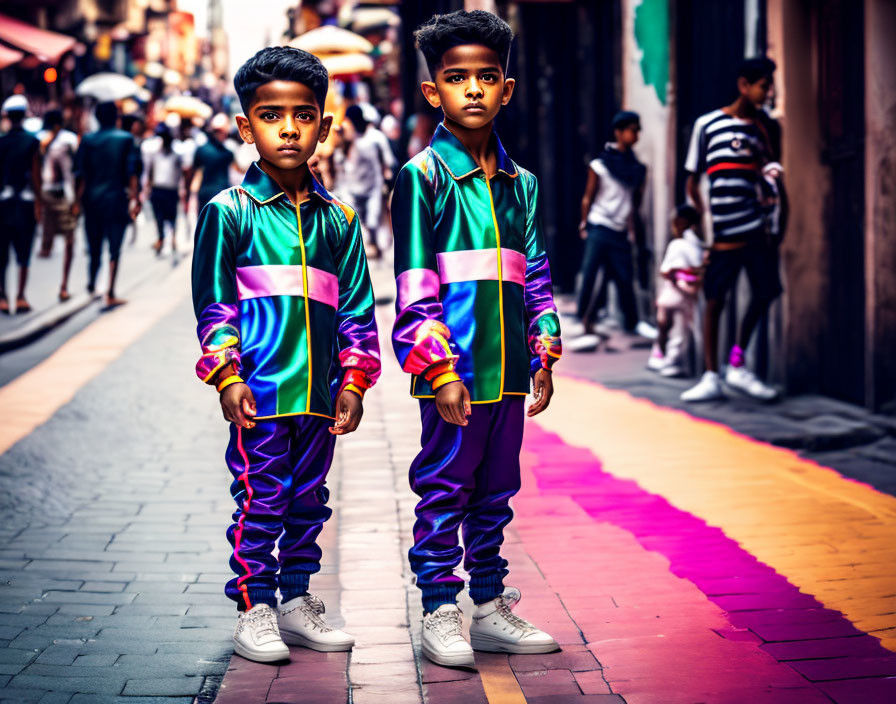 Two boys in matching colorful outfits on urban street with blurred pedestrians