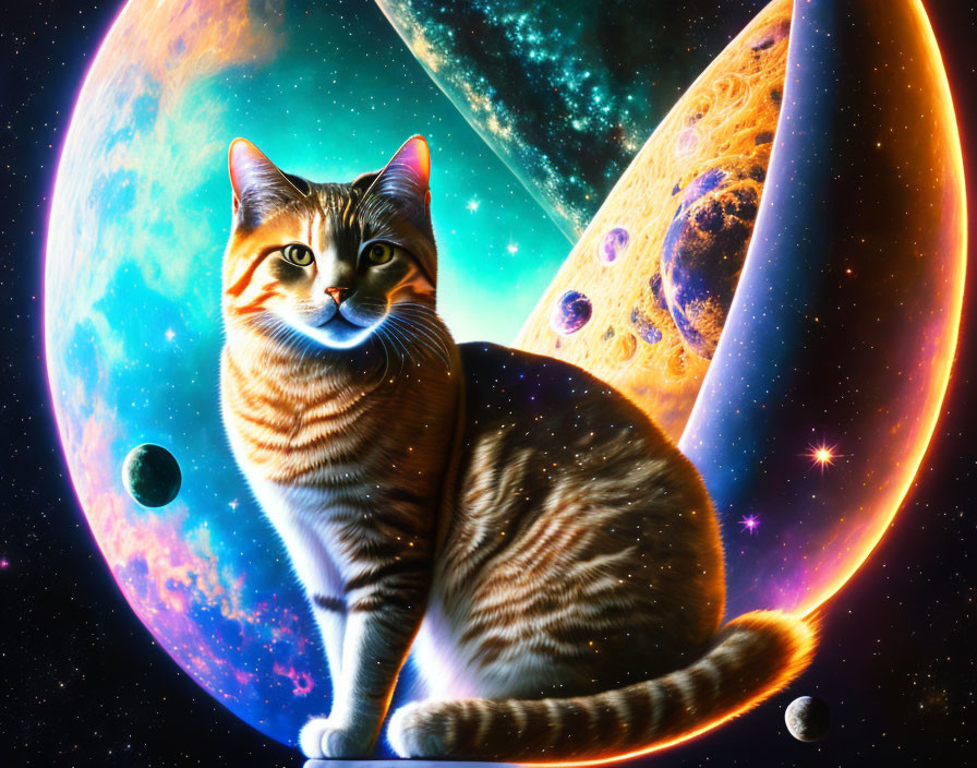 Colorful Cat Against Cosmic Backdrop with Planets and Stars