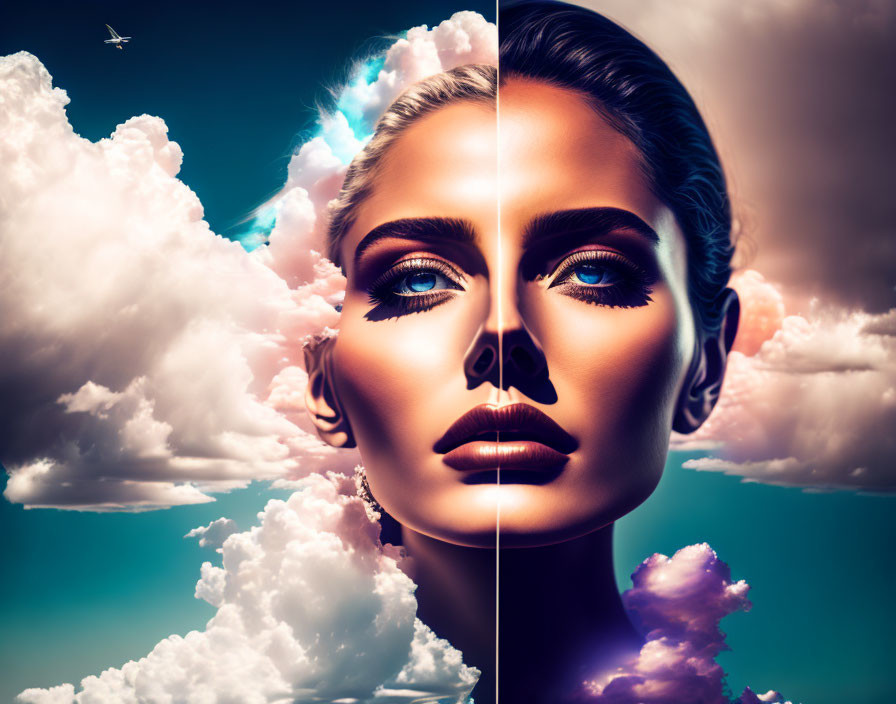 Contrasting makeup styles on woman's face with sky backdrop