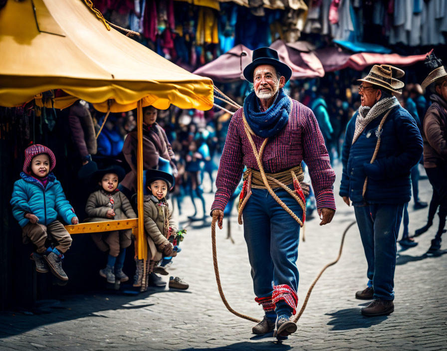 Elderly man in hat and scarf skips rope in market street surrounded by onlookers.