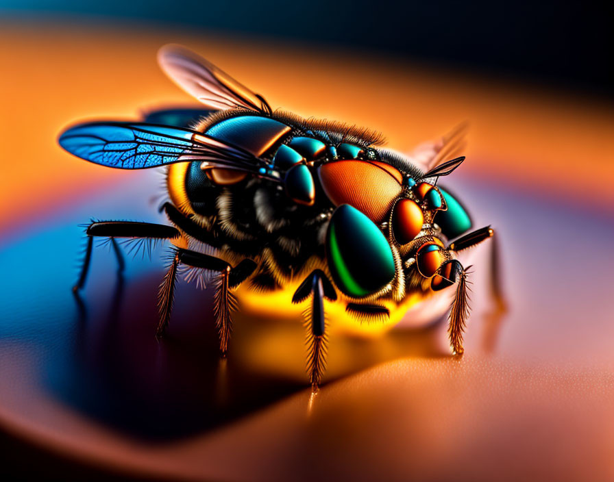 Detailed close-up of vibrant fly with intricate wings and compound eyes on colorful background