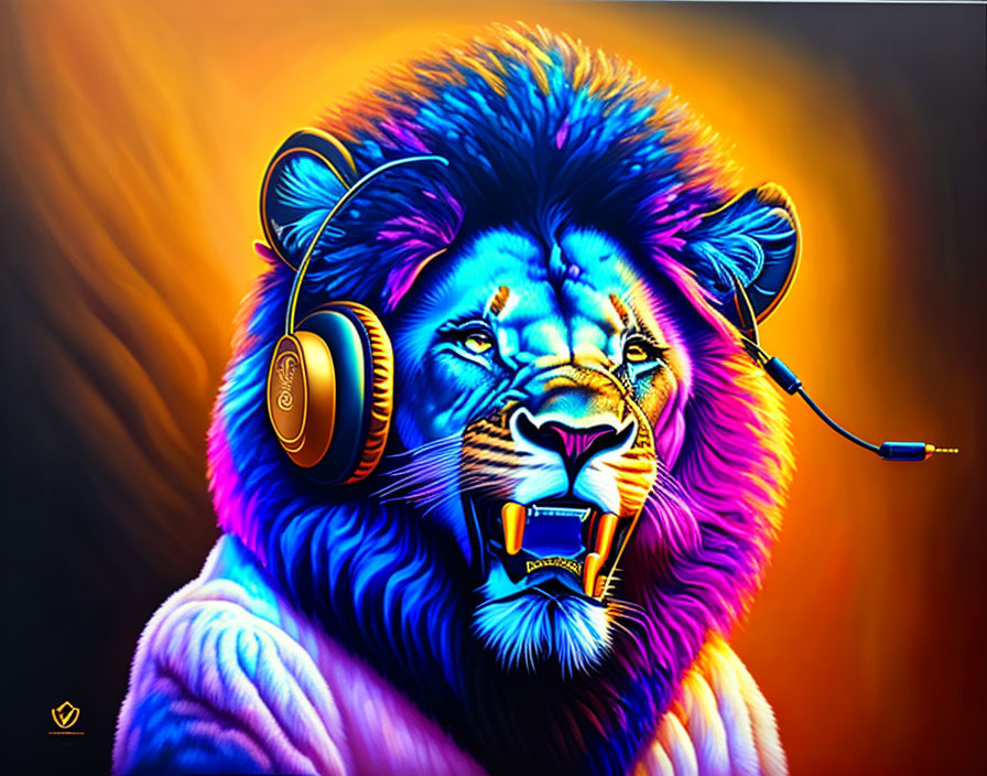 Vibrant lion digital art with headphones on colorful backdrop