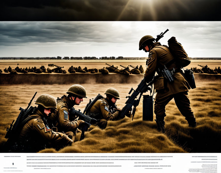 Military soldiers with rifles in grassy field under dramatic sky.