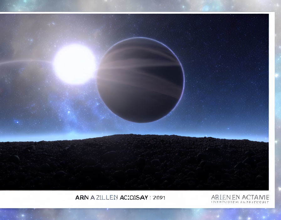 Large planet and moon in celestial scene with bright sun and rocky foreground