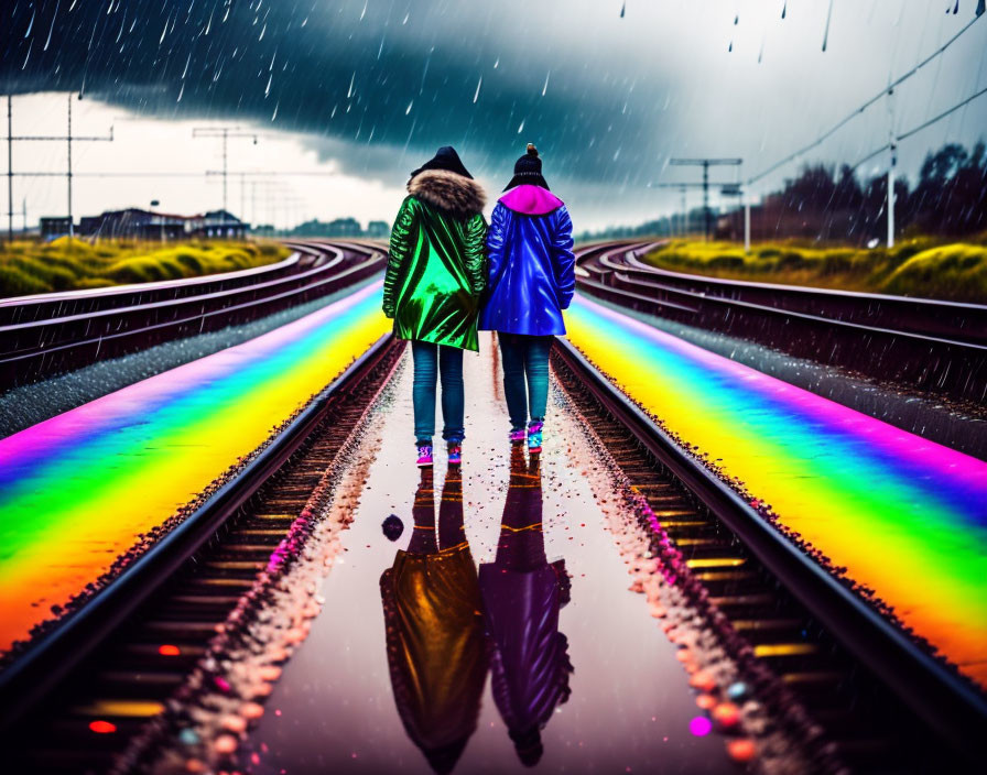 Colorfully dressed individuals on rail tracks with rainbow reflections under rainy sky