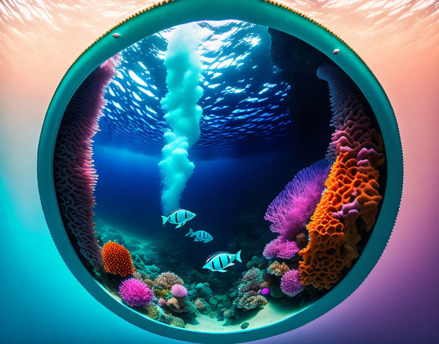 Colorful Coral and Tropical Fish in Submarine Porthole View