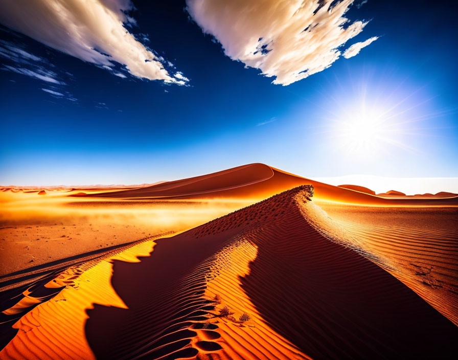 Vibrant orange desert landscape with blue sky and sun shadows