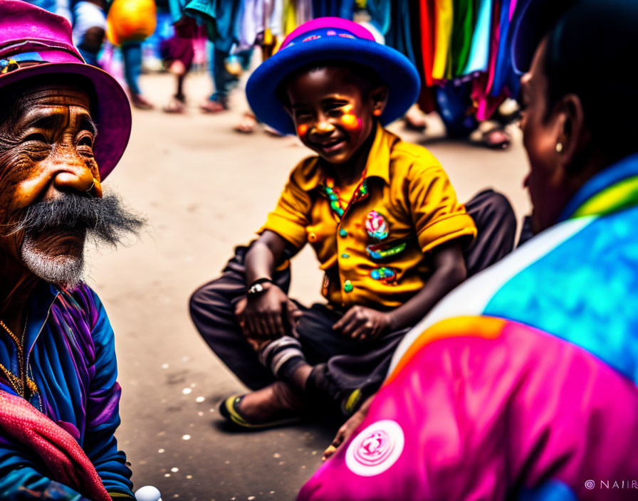 Three individuals in colorful attire on a bustling street: elderly man in purple hat smiles at child in brown