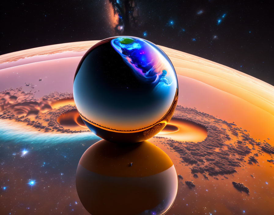 Reflective sphere with Earth above Martian landscape