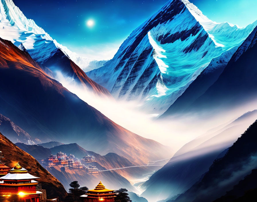 Snow-capped mountains at night with starry sky and traditional structures in valley