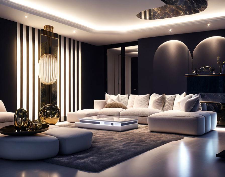 Luxurious modern living room with plush sofas, elegant lighting, striped walls