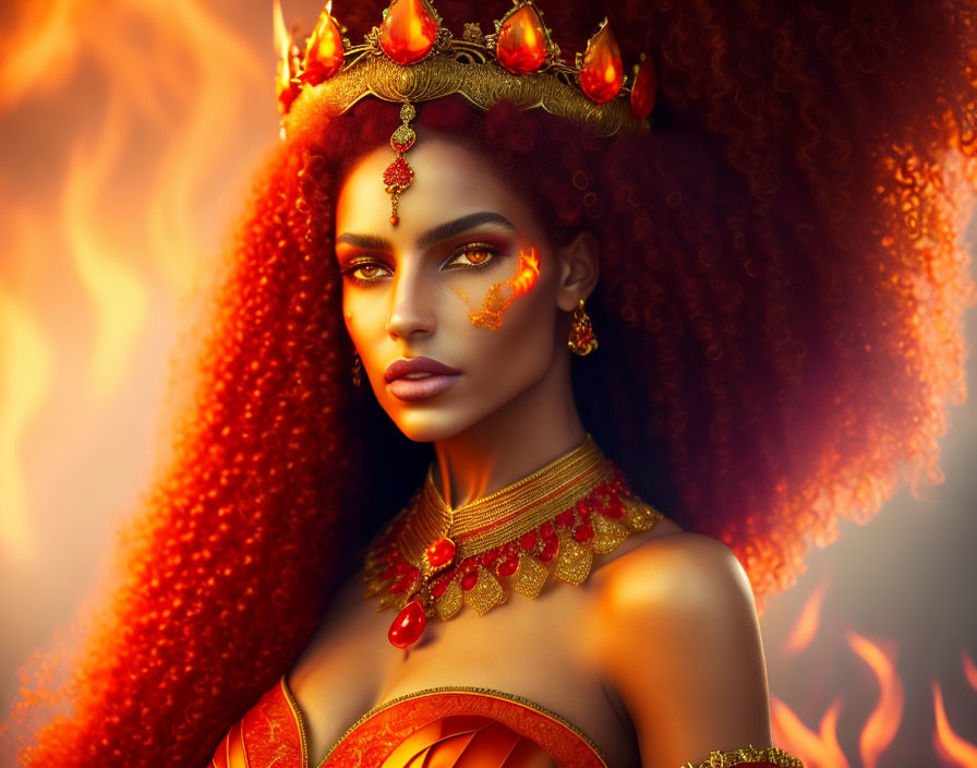Regal woman with fiery crown and gold jewelry in flames