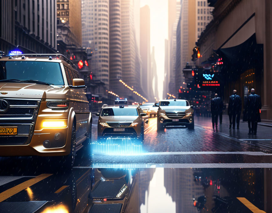 Cityscape at Twilight: Rainy Street with Pedestrians, Luxury Cars, and Skyscrap