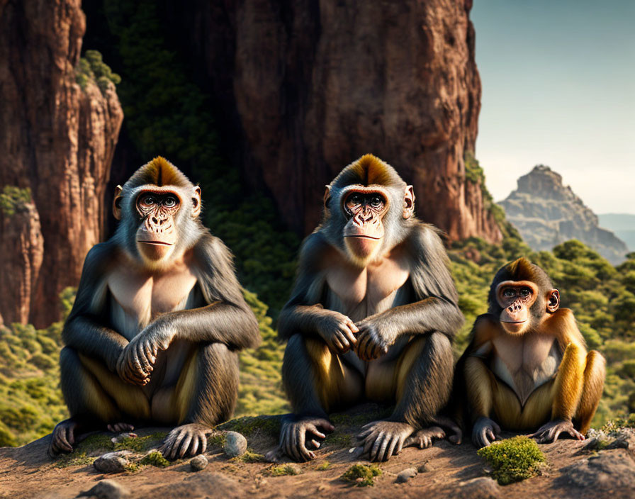 Three monkeys with human-like faces in mountainous landscape.