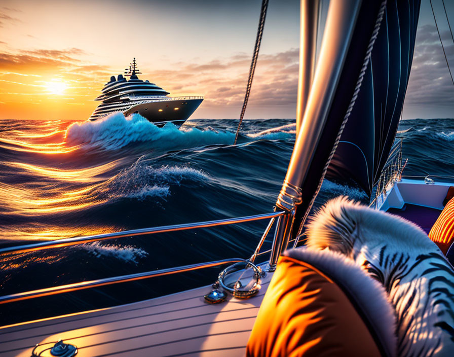 Luxury yacht sailing on turbulent sea at sunset with comfortable seating view.