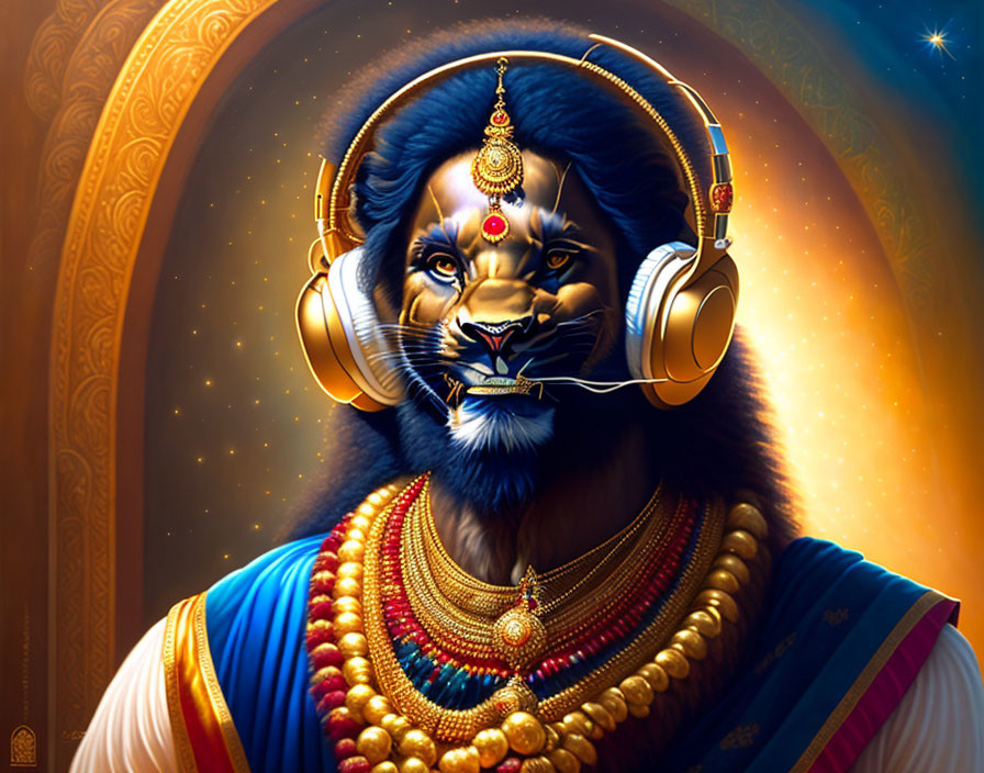 Figure with Lion Head in Indian Attire & Headphones