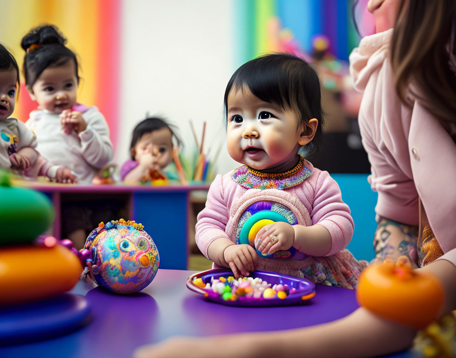 Black-Haired Toddler in Pink Sweater Playing with Toys in Vibrant Nursery Room
