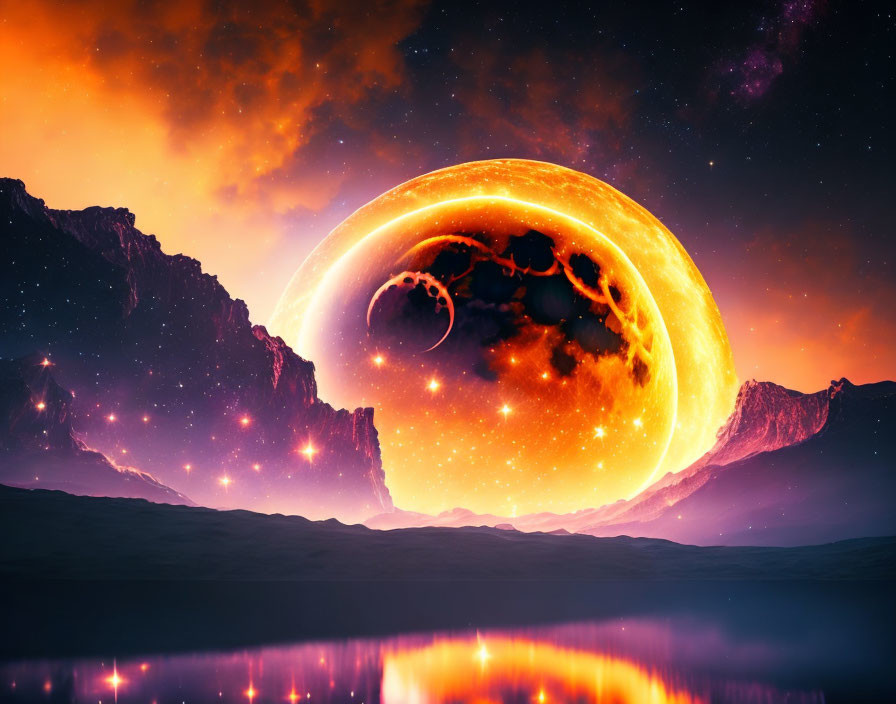 Fantastical landscape with mountains, reflective lake, and fiery planet.