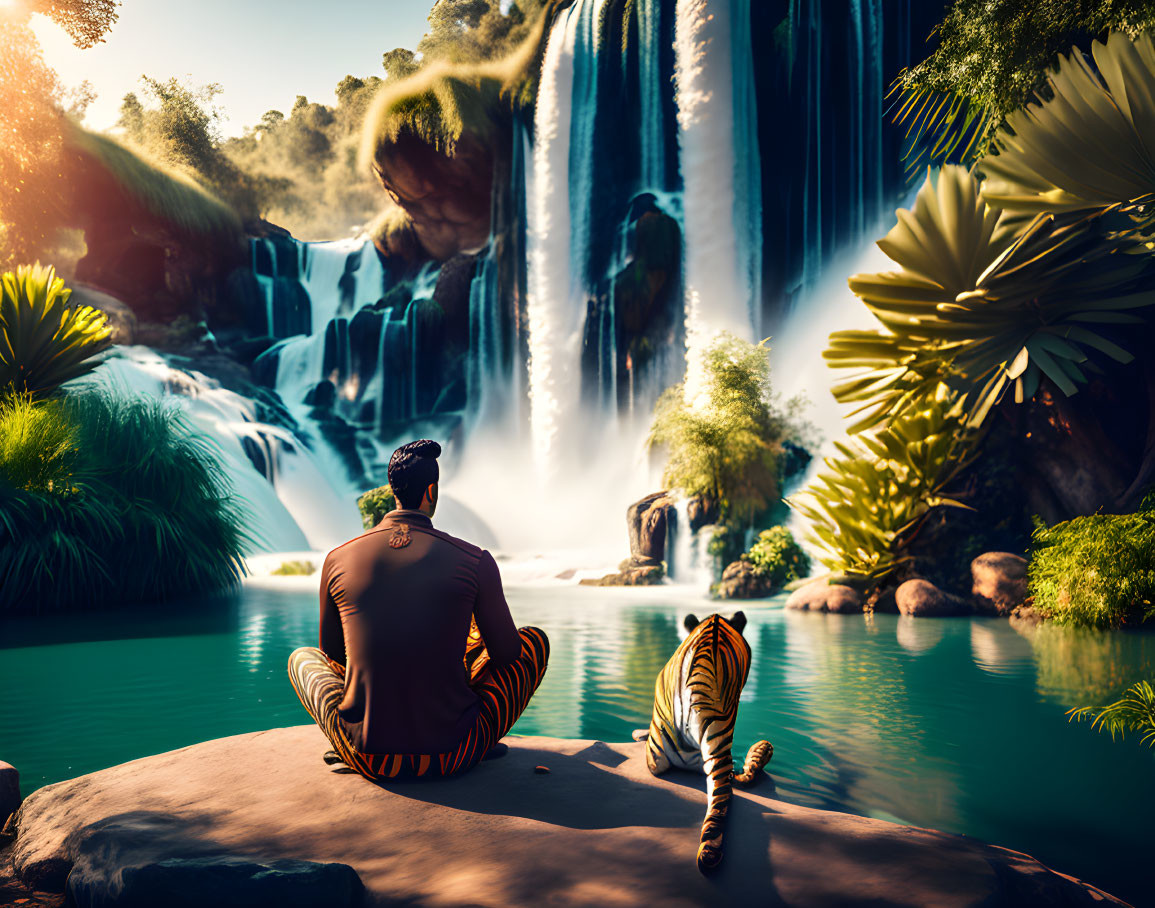 Man and tiger by majestic waterfall in lush greenery with sunlight.