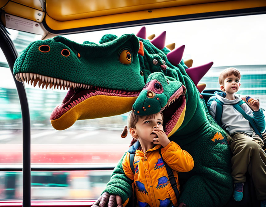 Two children on a bus with one wearing a colorful dinosaur headpiece