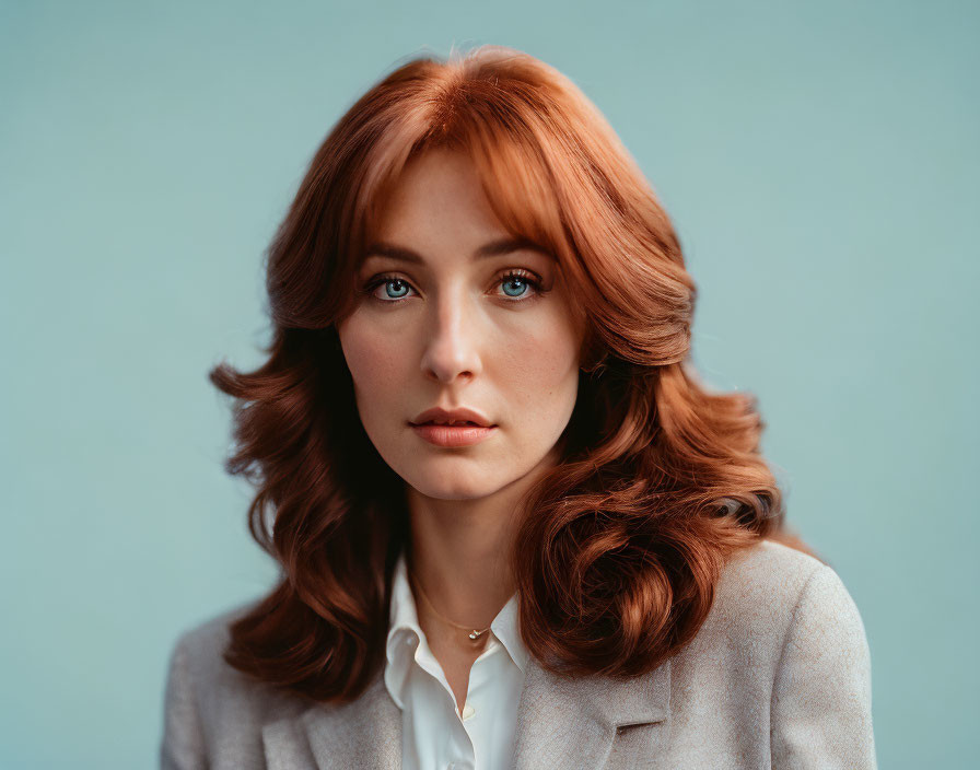 Red-haired woman in white blouse and blazer on blue background