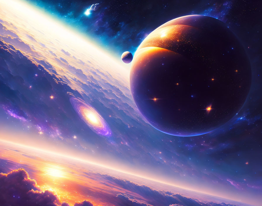 Colorful space scene with planet, moon, stars, galaxy, and sunrise light.