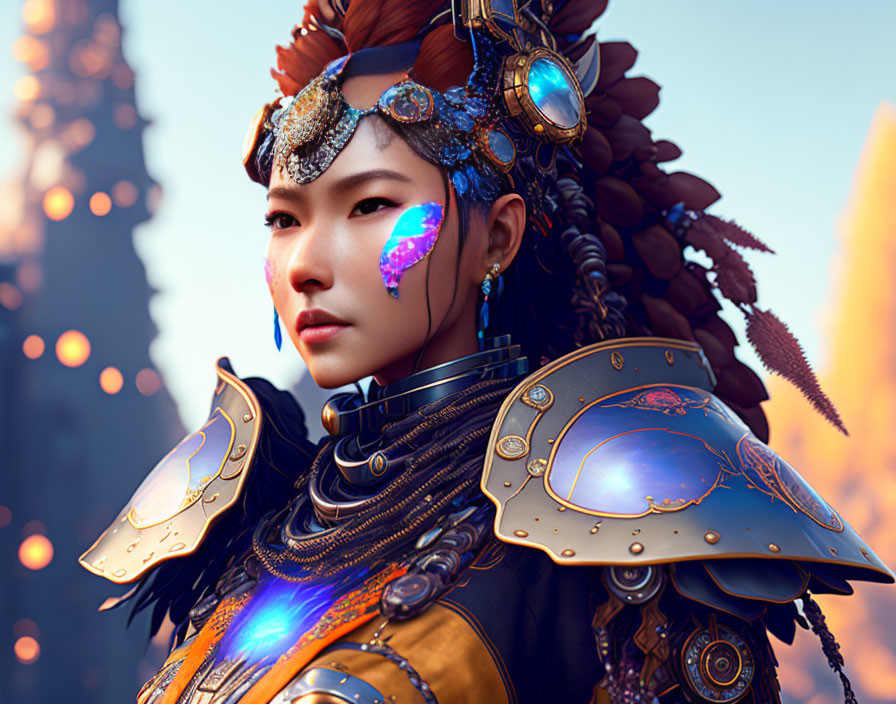 Intricate armor and headdress on woman in digital art with vivid blues and golds