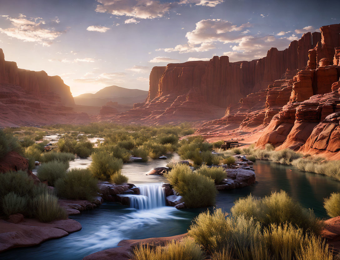 Tranquil river sunset with waterfalls, red rocks, and greenery
