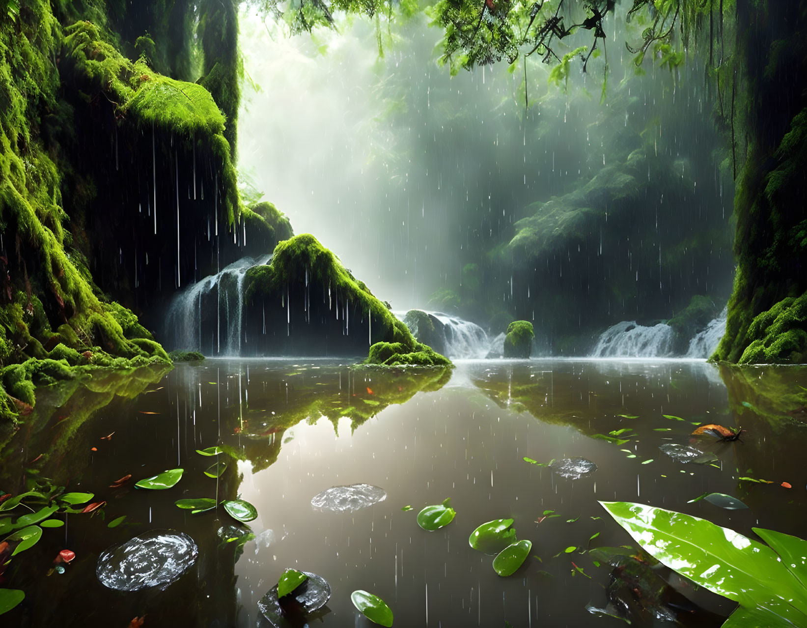 Tranquil rainforest pond with mossy rocks and waterfalls