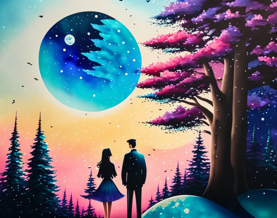 Silhouetted couple under vibrant twilight sky with moon and whimsical trees
