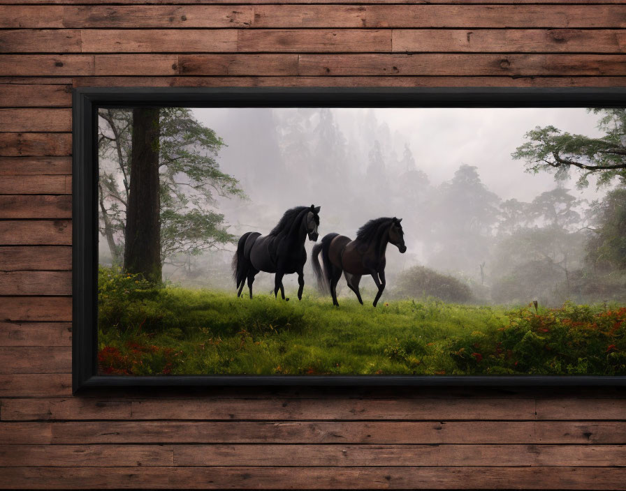 Misty forest scene with two horses through wooden window