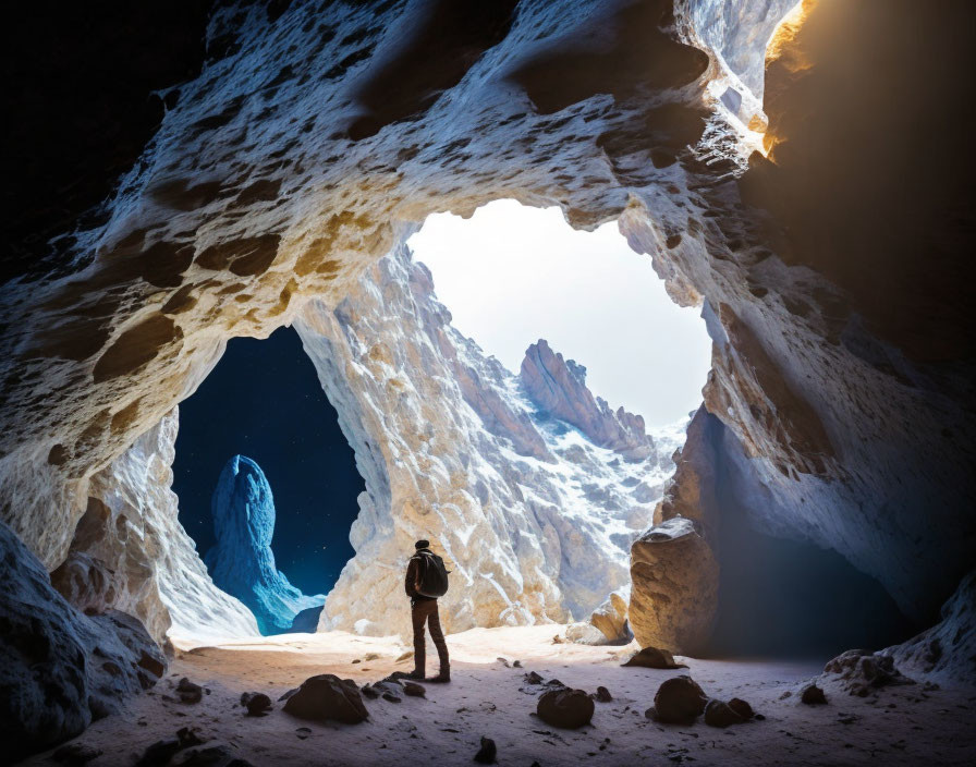 Person Contemplating Icy Peak Through Sunlit Cave Opening