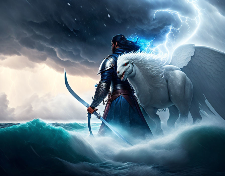 Warrior riding white lion through stormy seas and lightning