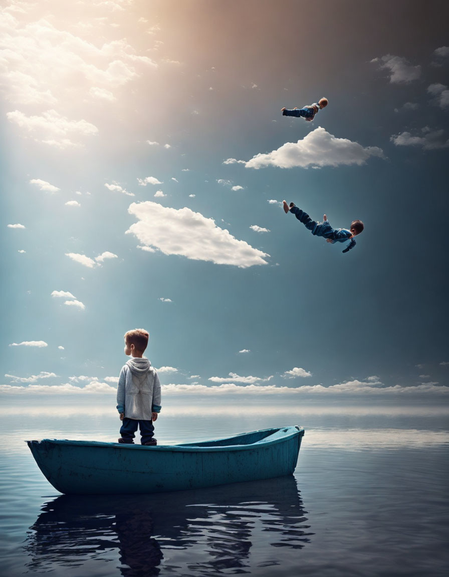 Child in boat gazes at ethereal floating figures