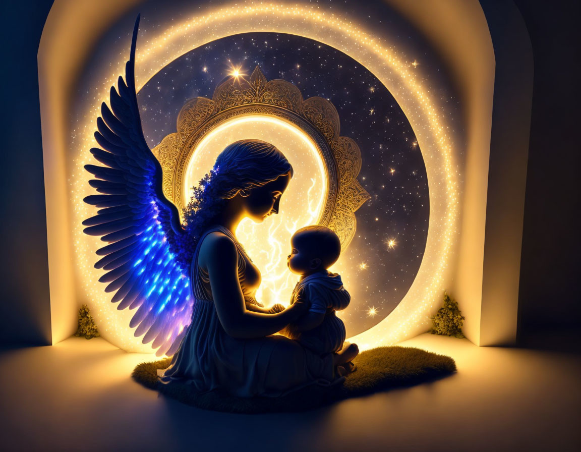 Mystical angel with baby under star-filled light and ornate archway