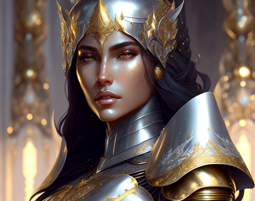 Female Warrior in Golden Armor with Winged Helmet on Opulent Background