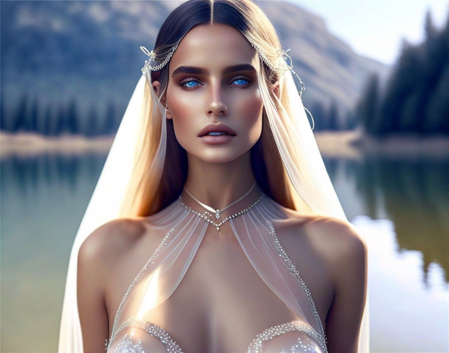 Elegant bride with intricate jewelry by serene mountain lake