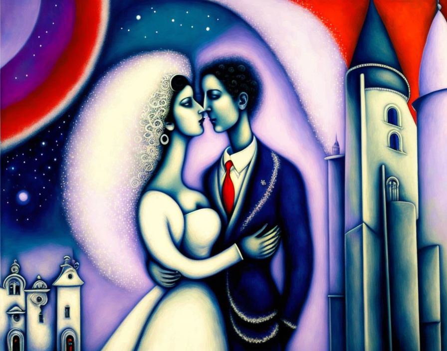 Whimsical couple embracing in colorful moonlit scene