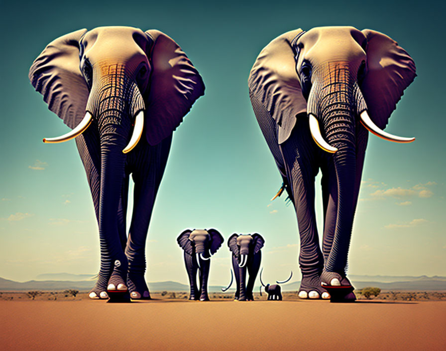 Four elephants and a mouse in desert landscape under clear sky