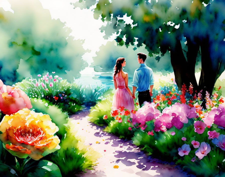 Couple walking hand in hand on vibrant flower-lined path by water and greenery