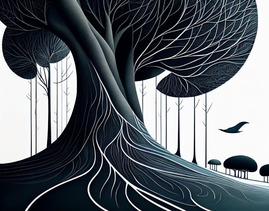Detailed Stylized Tree Illustration with Bird and Dark Background