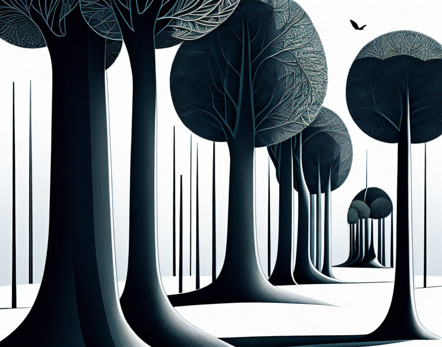 Dark Trunk Stylized Forest Artwork with Blue and White Leaf Patterns