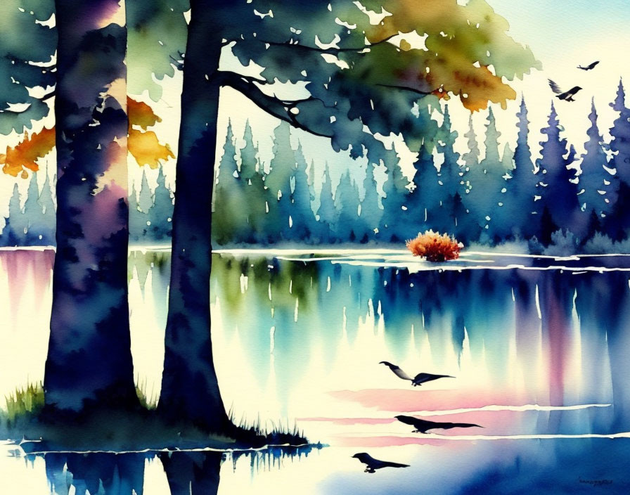 Tranquil lakeside scene with trees, reflections, birds, and vibrant colors