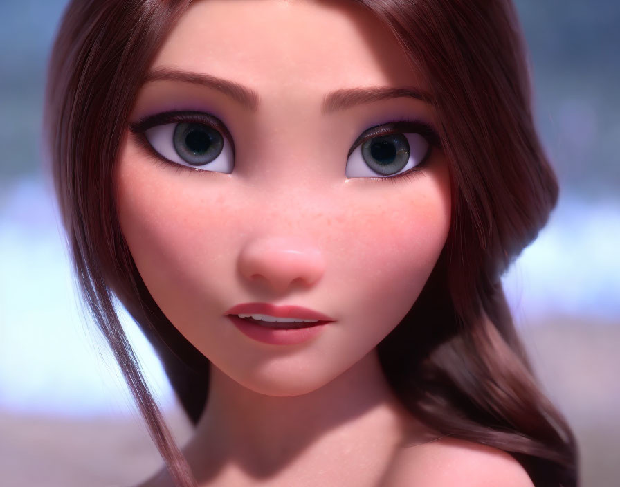 Brown-haired 3D animated female character with blue eyes and blush