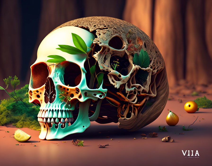 Colorful human skull with plant growth beside fruits on forest floor